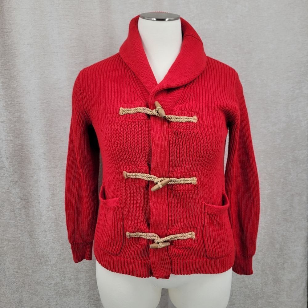 Polo Ralph Lauren Red Cotton Knit Wooden Toggle Women Sweater Shawl Collar